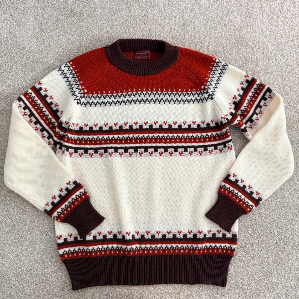 Vintage Kingsport Fair Isle Sweater Mens Large Cream Red Brown Knit Crewneck EUC